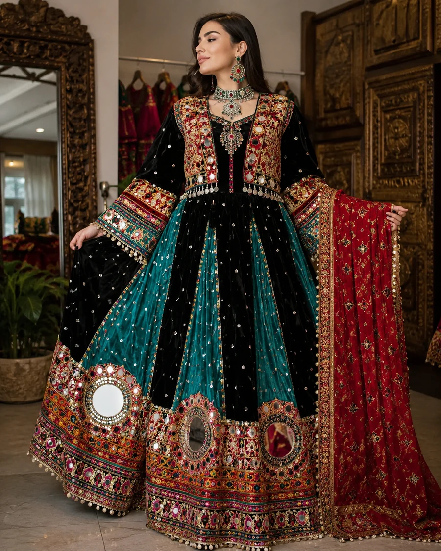 Black Multicolor Afghani Handcrafted Dress