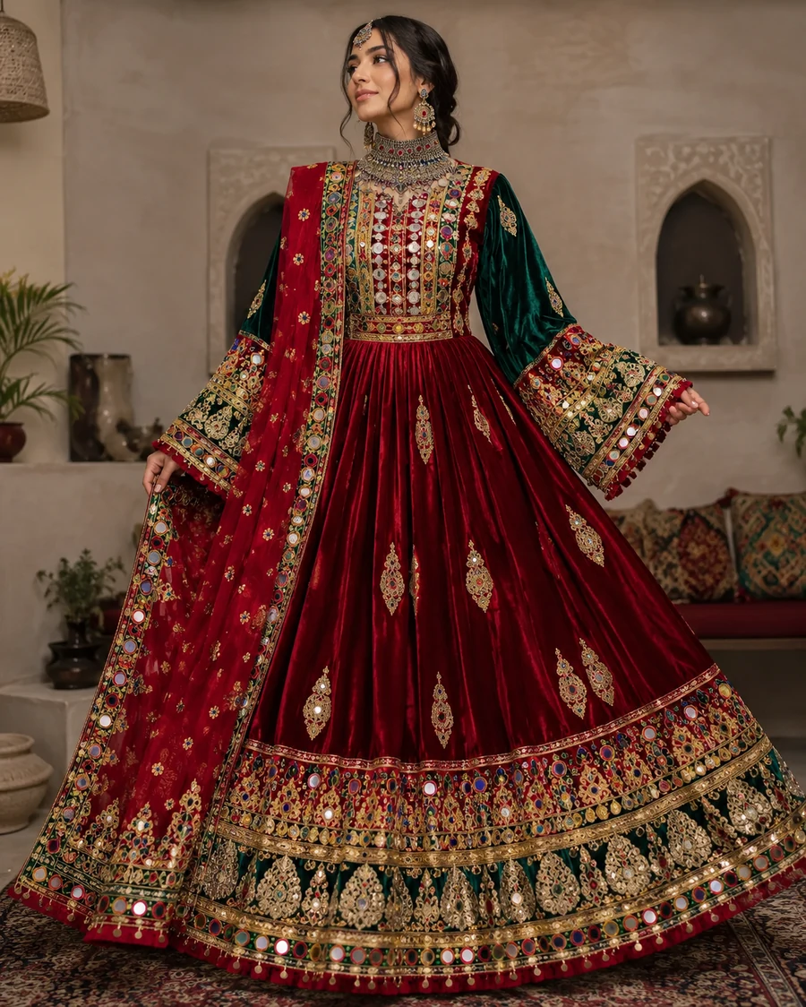 Crimson Black Afghani Handcrafted Dress
