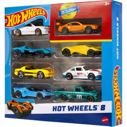 Hot Wheels Set of 8 Basic Toy Cars & Trucks in 1:64 Scale Including 1 Exclusive Car, Styles May Vary
